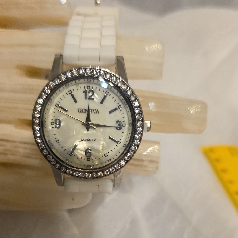 Geneva Silver and White Watch with Crystal Accents